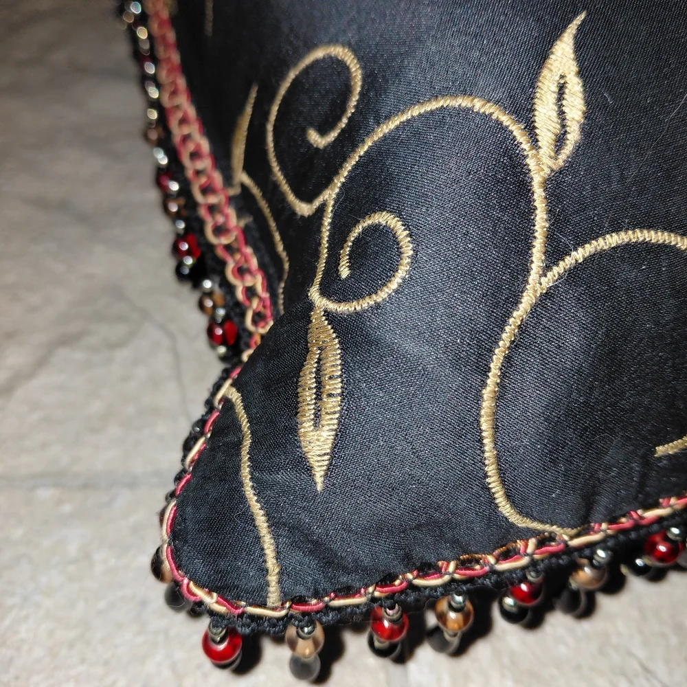 EUC Vintage Regal Noir Gold Embroidered Silk Beaded Accent Pillow